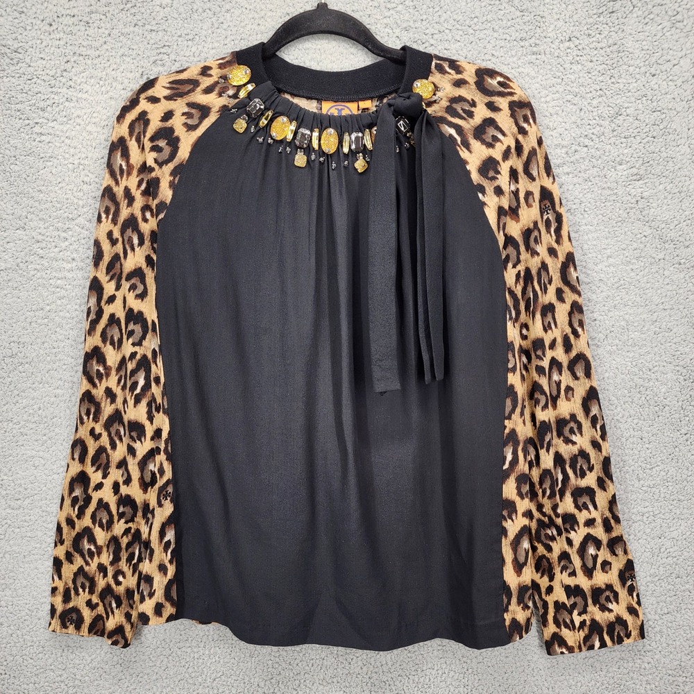 Tory Burch Leopard Print Silk Wool Embellished Tie Neck Top Black Brown Large
